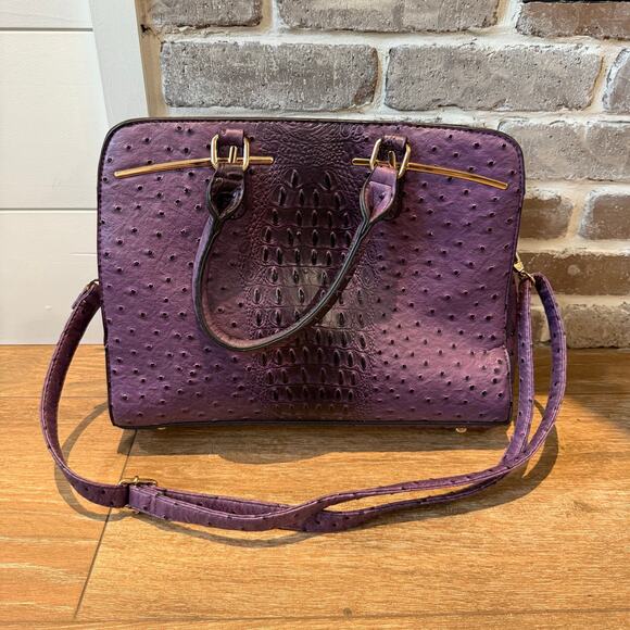 Dasein Embossed Faux Ostrich Textured Purple Leather Satchel Handbag Large - Picture 1 of 10